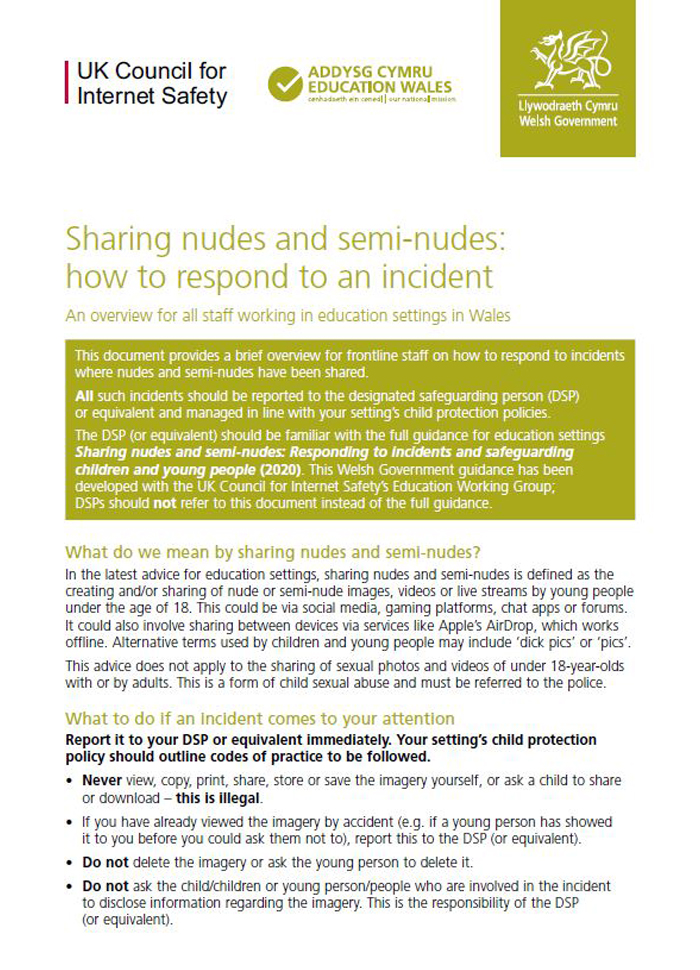 Guidance for education settings- Sharing nudes and semi-nudes:how to respond to an incident